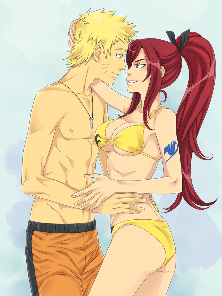 1boy 1girl bikini blonde_hair blue_eyes breasts cleavage crossover crylin erza_scarlet fairy_tail grin jewelry long_hair naruto necklace ponytail red_hair smile swimsuit tattoo uzumaki_naruto