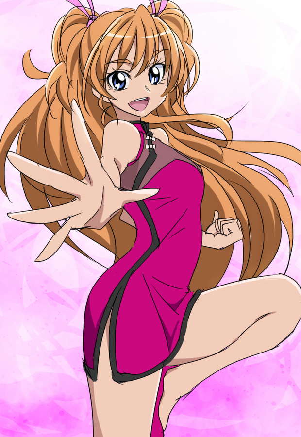 1girl blue_eyes china_dress chinese_clothes commentary_request dress houjou_hibiki long_hair looking_at_viewer oimanji open_mouth orange_hair pink_background precure sketch solo standing standing_on_one_leg suite_precure