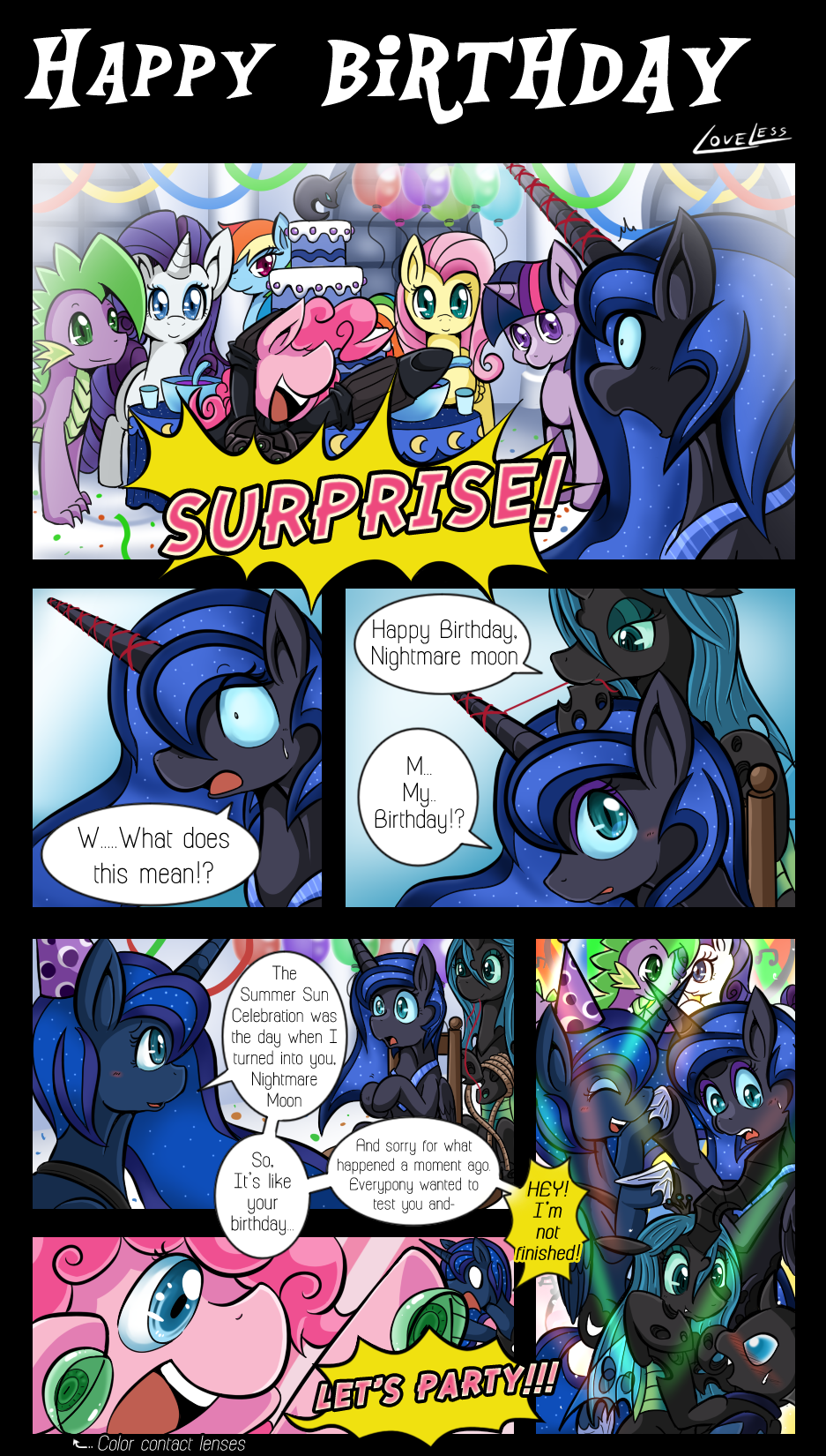 2014 blush changeling english_text equine feral fluttershy_(mlp) friendship_is_magic fur hair horn horse mammal my_little_pony nightmare_moon_(mlp) party pegasus pinkie_pie_(mlp) pony princess_luna_(mlp) queen_chrysalis_(mlp) rainbow_dash_(mlp) rarity_(mlp) spike_(mlp) text twilight_sparkle_(mlp) unicorn vavacung winged_unicorn wings
