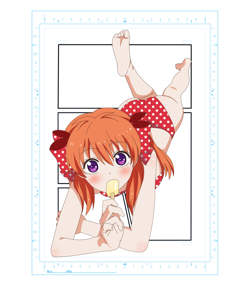 1girl bad_id bad_pixiv_id barefoot bikini bow food gekkan_shoujo_nozaki-kun hair_bow long_hair lying on_stomach orange_hair polka_dot polka_dot_bikini polka_dot_bow popsicle purple_eyes red_bikini sakura_chiyo solo swimsuit undershaft