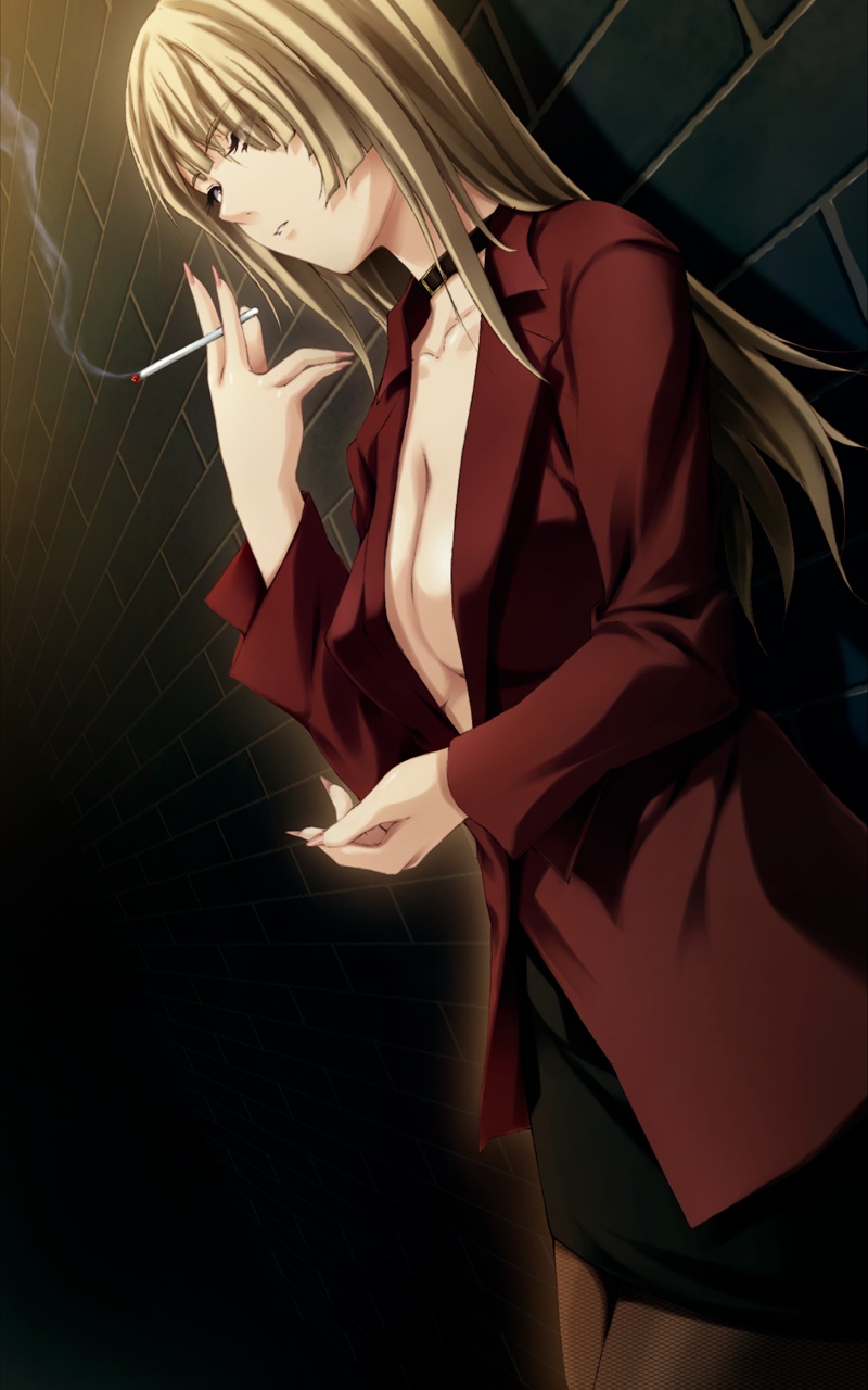 against_wall bangs blonde_hair blue_eyes blunt_bangs breasts choker cigarette cleavage fingernails fishnet_pantyhose fishnets highres hime_cut large_breasts leaning long_fingernails long_hair nail_polish no_bra pantyhose pink_nails pp:_pianissimo smoking solo souma_aoi sugina_miki