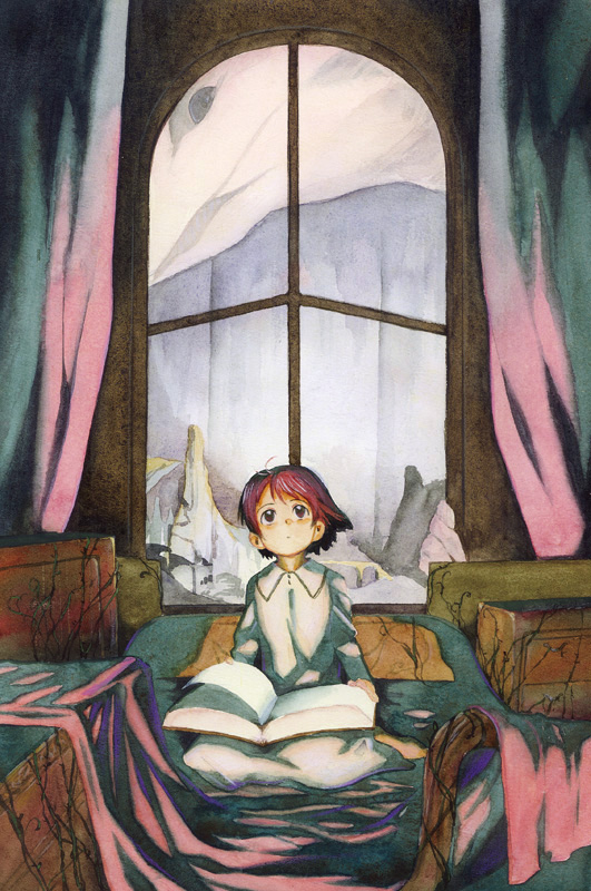 bed_sheet book copyright_request plant red_eyes red_hair satou_toshiyuki short_hair solo vines window
