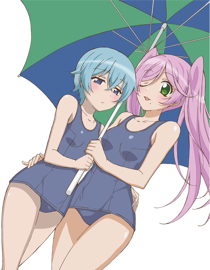 aqua_hair blue_eyes breasts goutokuji_kayo green_eyes hand_on_another's_hip kasugano_urara_(sabagebu!) long_hair mole mole_under_mouth multiple_girls official_art one-piece_swimsuit one_eye_closed open_mouth pink_hair sabagebu! school_swimsuit shared_umbrella short_hair small_breasts swimsuit twintails umbrella