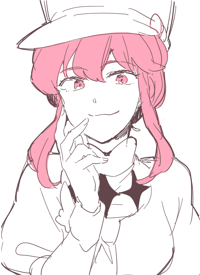 1girl close-up commentary_request hat jakuzure_nonon kill_la_kill meeko pink_eyes pink_hair puffy_sleeves shako_cap short_hair sidelocks simple_background sketch smile solo spot_color white_background