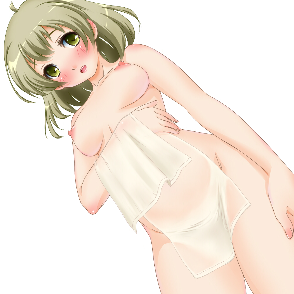 blush breasts brown_hair cowboy_shot green_eyes himadarou nipples nude original short_hair simple_background small_breasts solo towel white_background