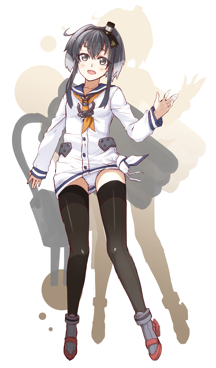 alternate_legwear anchor black_hair black_legwear brown_eyes cannon dress hairband hat headgear highres kantai_collection long_sleeves mini_hat nagidori neckerchief open_mouth panties sailor_collar sailor_dress seamed_legwear shadow short_hair short_hair_with_long_locks side-seamed_legwear smile solo thighhighs tokitsukaze_(kantai_collection) torpedo turret underwear