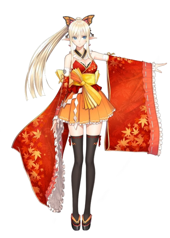 1girl bare_shoulders blonde_hair blue_eyes breasts cleavage earrings elf frilled_skirt frilled_sleeves frills full_body hair_ornament japanese_clothes jewelry kirika_towa_alma large_breasts lolita_fashion long_hair long_legs okobo pointy_ears ponytail ribbon ribbon-trimmed_legwear ribbon-trimmed_sleeves ribbon_trim sandals shining_(series) shining_resonance skirt solo standing thighhighs tony_taka transparent_background wa_lolita wide_sleeves