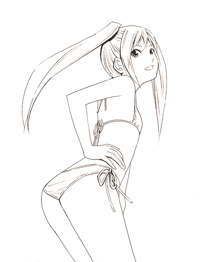 1girl ass bikini flat_ass flat_chest monochrome original photoshop_(medium) sketch solo swimsuit traditional_media twintails yoshitomi_akihito