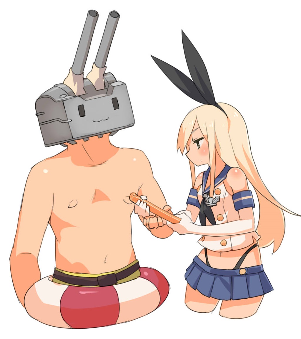 1boy 1girl :3 anchor_hair_ornament bare_shoulders black_bow black_eyes black_neckerchief black_panties blonde_hair blue_sailor_collar blue_skirt bow closed_mouth commentary_request cowboy_shot cropped_legs elbow_gloves food gloves hair_bow hair_ornament hairband harau highleg highleg_panties holding holding_food innertube jitome kantai_collection long_hair miniskirt neckerchief panties pleated_skirt profile rensouhou-chan sailor_collar sausage school_uniform serafuku shimakaze_(kancolle) shirt simple_background skirt sleeveless sleeveless_shirt standing swim_ring topless_male underwear white_background white_gloves |_|