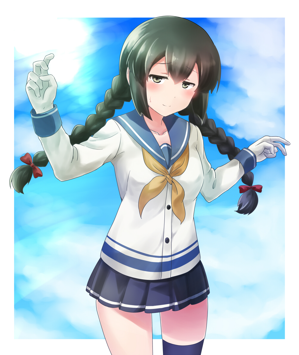 1girl black_hair black_thighhighs blush braid commentary_request cosplay cowboy_shot gloves grey_eyes hair_ribbon isokaze_(kancolle) isokaze_(kancolle)_(cosplay) isonami_(kancolle) kamelie kantai_collection long_hair long_sleeves name_connection neckerchief ribbon school_uniform serafuku shirt single_thighhigh skirt solo standing sweatdrop thighhighs twin_braids twintails very_long_hair white_gloves white_shirt yellow_neckerchief