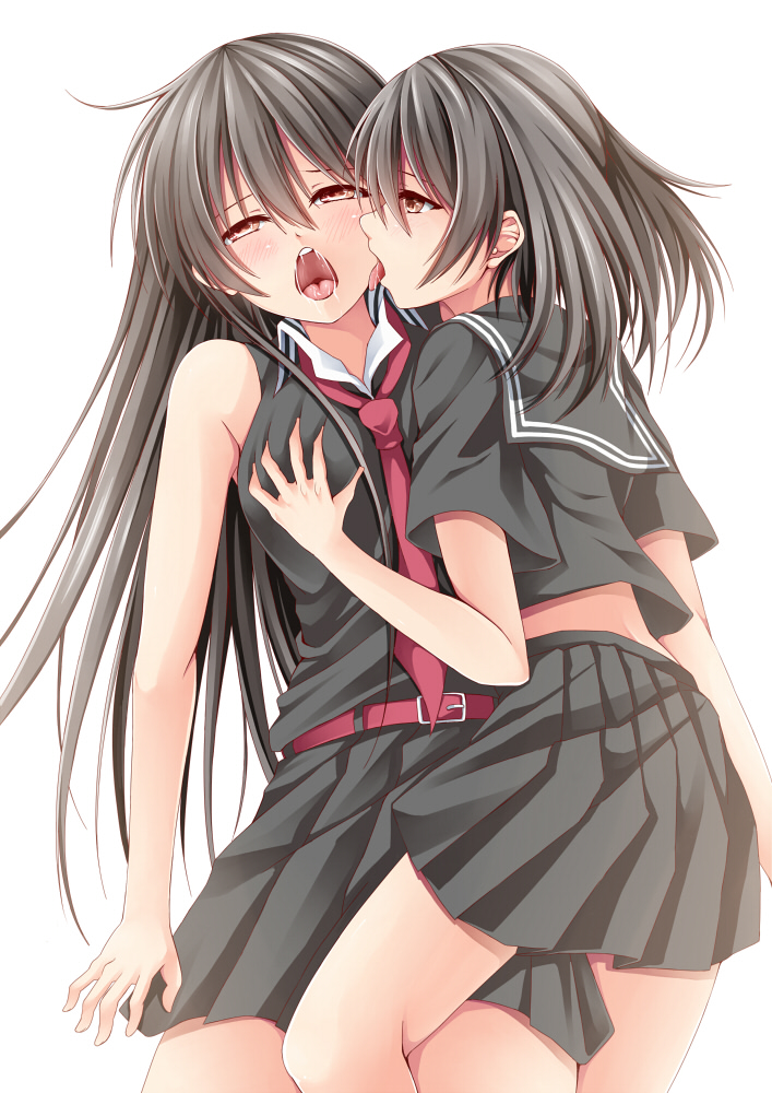 :p ahegao akame akame_ga_kill! belt black_hair black_serafuku black_skirt blush buckle cowboy_shot creek_(moon-sky) half-closed_eyes incest kurome_(akame_ga_kill!) licking long_hair multiple_girls open_mouth pleated_skirt sailor_collar school_uniform serafuku short_sleeves siblings simple_background sisters skirt tongue tongue_out upper_body white_background yuri