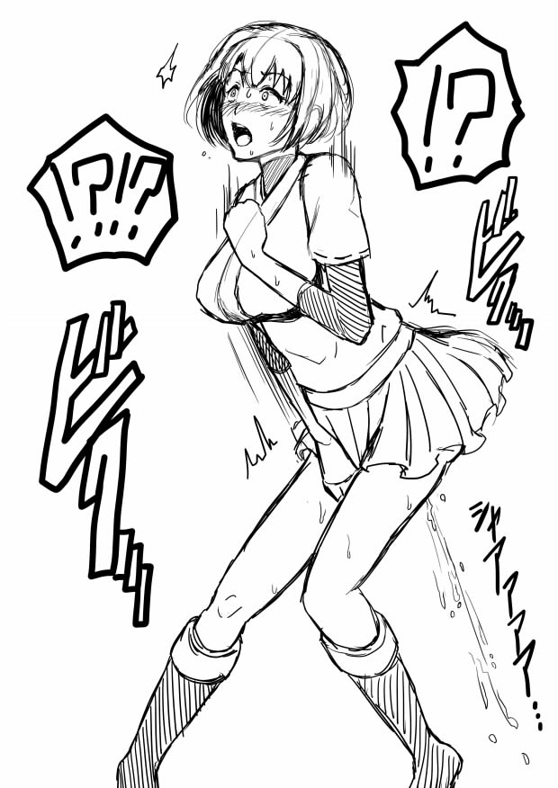 bad_id bad_pixiv_id egarashinai female_ejaculation greyscale hyuuga_(kantai_collection) japanese_clothes kantai_collection monochrome open_mouth school_uniform short_hair skirt solo translation_request