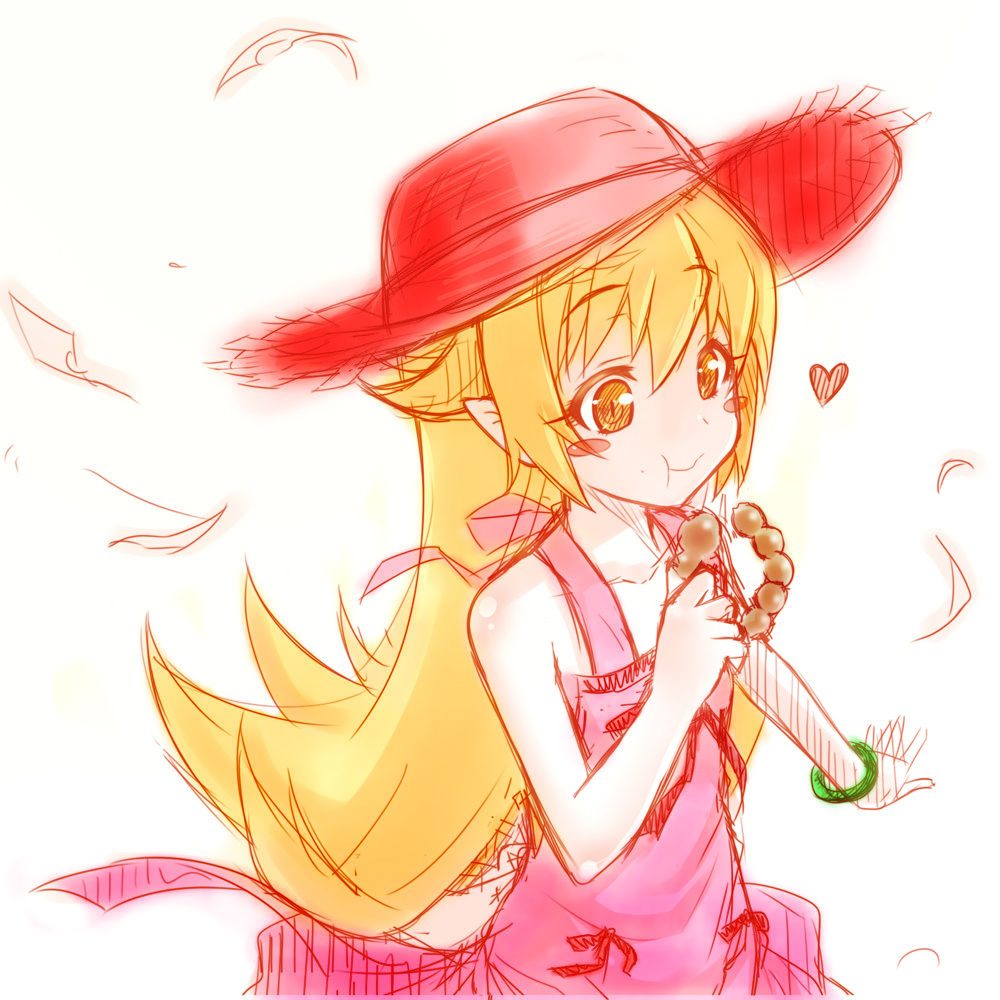 1girl aishiro_(623084367) blonde_hair blush_stickers commentary_request doughnut dress food hat long_hair monogatari_(series) nisemonogatari oshino_shinobu photoshop_(medium) pointy_ears sketch solo sun_hat yellow_eyes