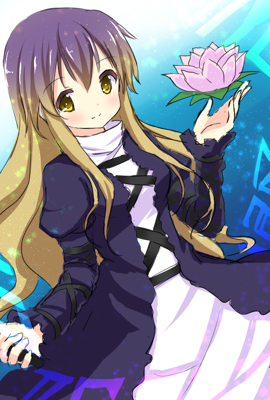 1girl bad_id bad_pixiv_id blonde_hair dress floating floating_object flower gradient_hair hakuto_(28syuku) hijiri_byakuren long_hair long_sleeves lotus multicolored_hair pink_flower purple_hair smile sorcerer's_sutra_scroll touhou yellow_eyes
