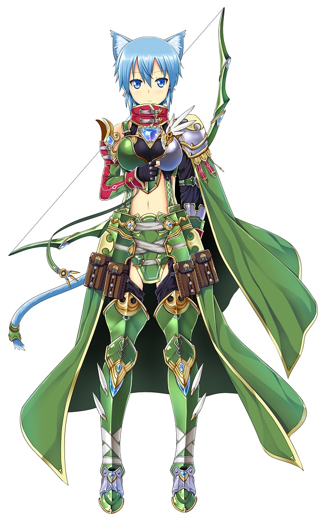 1girl alternate_costume animal_ears armor armored_boots blue_eyes blue_hair boots bow_(weapon) breasts butter-t cat_ears cat_girl cat_tail full_body looking_at_viewer medium_breasts navel short_hair shoulder_armor sinon sinon_(sao-alo) sinon_(sao:hf) solo stomach sword_art_online sword_art_online:_hollow_fragment tail thigh_boots thighhighs weapon white_background