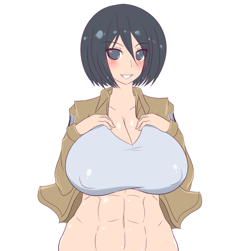 abs breasts erect_nipples flirty huge_breasts jacket jcdr looking_at_viewer mikasa_ackerman muscle proud shingeki_no_kyojin smile teeth toned