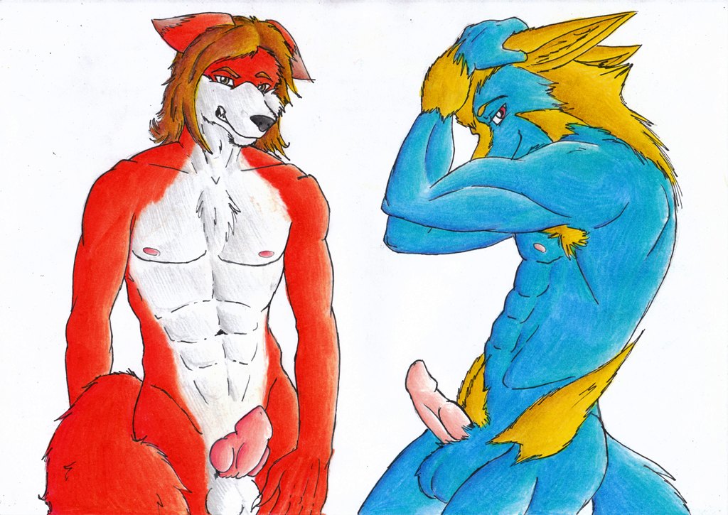 alfred_(umpherio) balls butt canine duo erection fox grin hair hand_on_head knot looking_at_viewer male mammal manectric manny nipples nude pencils penis pubes smile standing umpherio wolf
