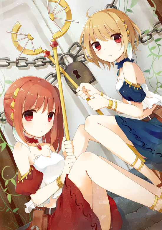 2girls ahoge bare_shoulders brown_hair chain choker detached_sleeves holding lock looking_at_viewer multiple_girls original red_eyes short_hair side_ponytail sitting staff yon_(letter)