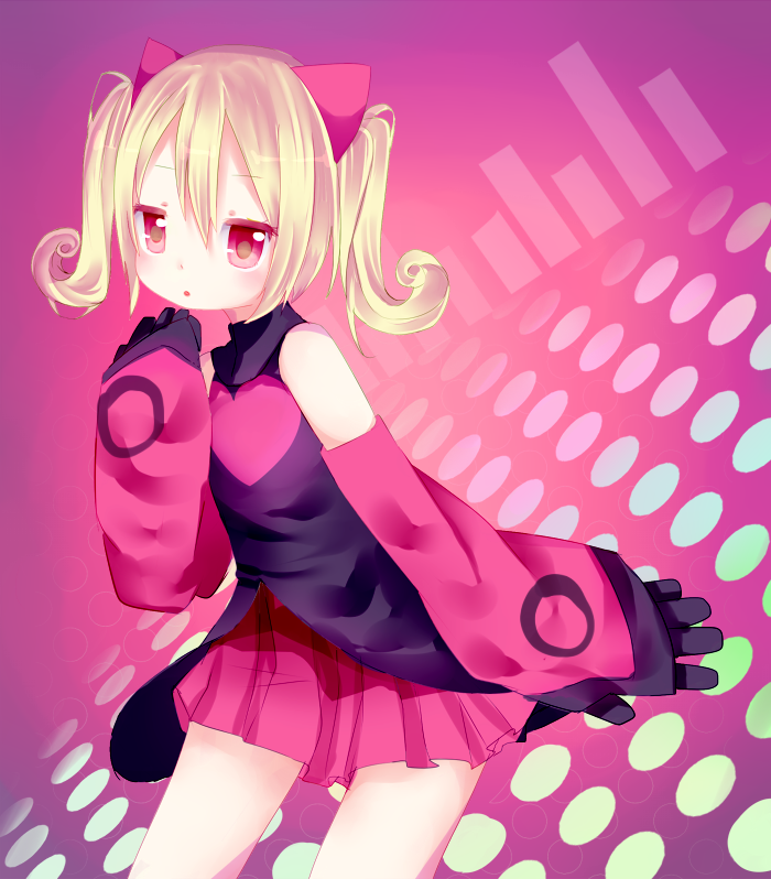 1girl amashiro_natsuki bad_id bad_pixiv_id black_gloves blonde_hair chameleon_love_(vocaloid) detached_sleeves gloves hatsune_miku leaning_forward looking_at_viewer parted_lips pleated_skirt red_eyes skirt solo twintails vocaloid