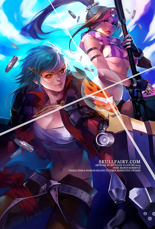 arm_strap artist_name bikini bikini_top black_gloves blue_hair breasts brown_hair bullet caitlyn_(league_of_legends) cloud cosplay crossover fingerless_gloves gauntlets gloves gun jacket kamina kamina_(cosplay) kamina_shades large_breasts league_of_legends long_hair midriff multicolored_hair multiple_girls na_young_lee navel pink_hair ponytail rifle sarashi scarf short_hair shorts sky sniper_rifle striped striped_bikini striped_swimsuit swimsuit tengen_toppa_gurren_lagann two-tone_hair vi_(league_of_legends) watermark weapon web_address yoko_littner yoko_littner_(cosplay)