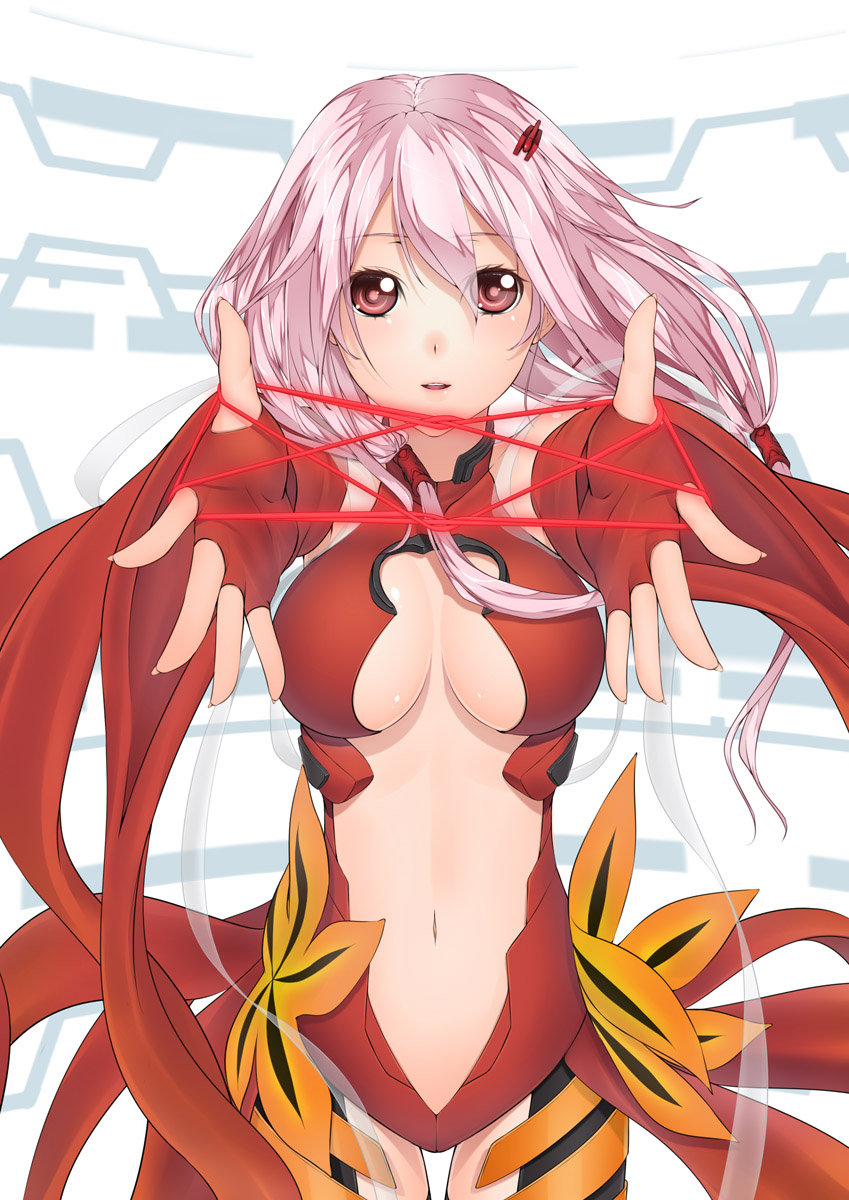 bare_shoulders black_legwear breasts cat's_cradle center_opening cleavage detached_sleeves elbow_gloves fingerless_gloves gloves guilty_crown hair_ornament hairclip highres kai_(link2262) large_breasts long_hair looking_at_viewer navel outstretched_arms pink_hair red_eyes smile solo thighhighs twintails yuzuriha_inori
