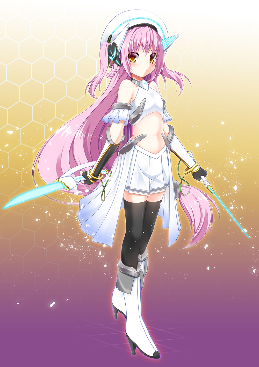 1girl ange_vierge bare_shoulders black_thighhighs blush boots bracer closed_mouth commentary_request dagger dual_wielding energy_blade energy_weapon full_body gloves gradient_background hat hexagram high_heel_boots high_heels highres holding honeycomb_(pattern) honeycomb_background knee_boots knife long_hair low-tied_long_hair magical_girl midriff navel original petite photoshop_(medium) pink_hair pleated_skirt purple_background red_eyes shirasu_youichi skirt solo stomach thighhighs vambraces very_long_hair weapon white_background white_skirt yellow_background zettai_ryouiki