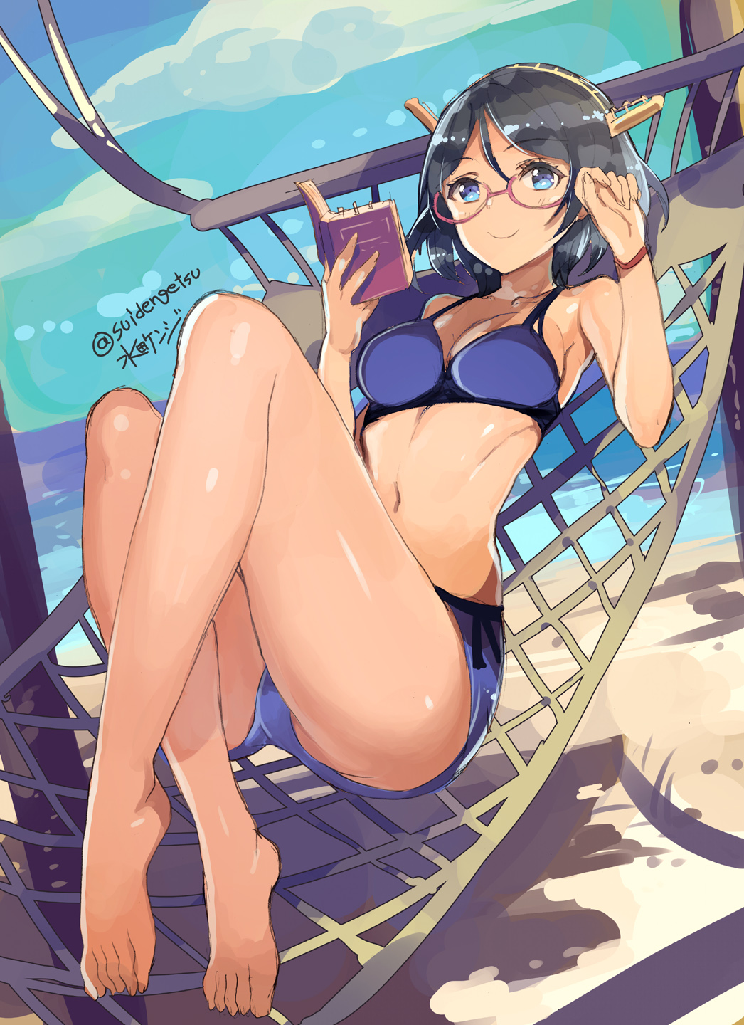 1girl artist_name bare_legs bare_shoulders barefoot bikini black_hair blue_bikini blue_eyes book breasts cleavage commentary_request crossed_legs glasses hammock headgear highres kantai_collection kirishima_(kancolle) lying medium_breasts mizuta_kenji navel on_back outdoors photoshop_(medium) red-framed_eyewear semi-rimless_eyewear shiny_skin short_hair sketch smile solo strap_gap swimsuit twitter_username under-rim_eyewear