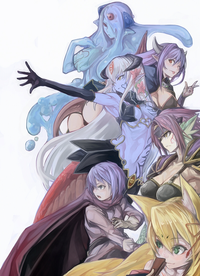 5girls alisfieze_fateburn_xvi alma_elma animal_ears armor armpits ass bangs blonde_hair blue_skin blush breast_tattoo breasts cape cleavage core demon_girl dragon_girl elbow_gloves elvetie fan gloves goo_girl granberia green_eyes hair_ornament hair_over_one_eye hair_ribbon headgear horns kitsune lamia large_breasts long_hair luka_(mon-musu_quest!) midriff mon-musu_quest! monster_girl multiple_girls multiple_tails navel one_eye_closed one_eye_covered open_mouth pointy_ears purple_hair red_cape red_eyes red_hair ribbon scales serious short_hair sidelocks silver_hair simple_background smile solidstatesurvivor succubus tail tamamo_(mon-musu_quest!) tattoo tongue tongue_out white_background wings yellow_eyes