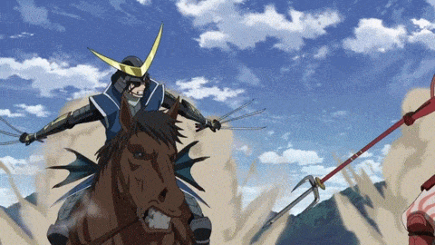 animated animated_gif armor date_masamune_(sengoku_basara) fight fighting horse lowres multiple_boys samurai sanada_yukimura_(sengoku_basara) sengoku_basara