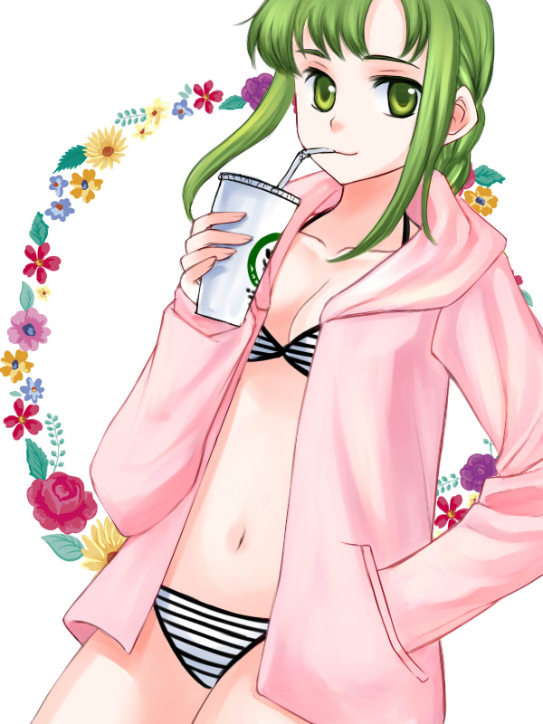 1girl 74 alternate_costume bikini braid commentary_request cup drinking drinking_straw fire_emblem fire_emblem:_the_sacred_stones green_eyes green_hair hand_in_pocket jacket jacket_over_swimsuit long_hair md5_mismatch single_braid solo striped_bikini striped_clothes swimsuit vanessa_(fire_emblem)