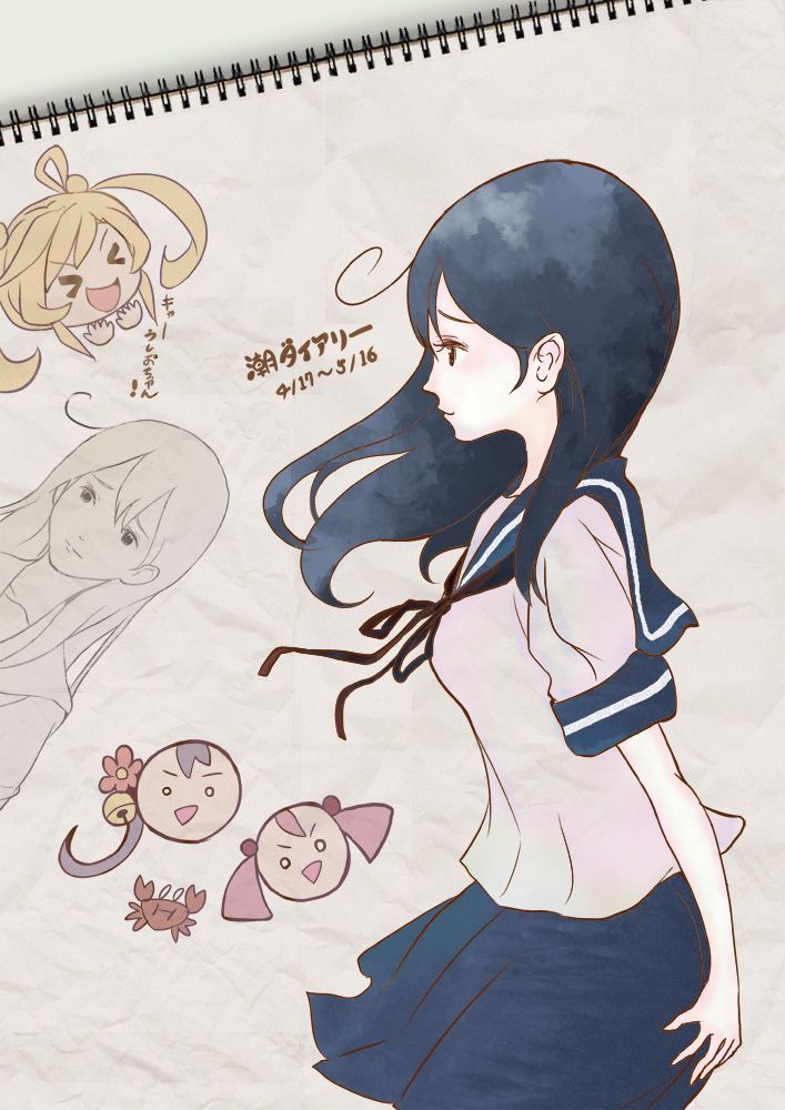 >_< :d abukuma_(kantai_collection) ahoge akebono_(kantai_collection) bell black_hair closed_eyes comic commentary crab flower hair_bell hair_bobbles hair_flower hair_ornament hair_rings jingle_bell kantai_collection long_hair multiple_girls neck_ribbon notebook open_mouth otoufu ribbon sazanami_(kantai_collection) school_uniform serafuku side_ponytail smile translated triangle_mouth twintails ushio_(kantai_collection) v-shaped_eyebrows xd