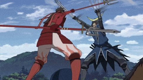 animated animated_gif armor date_masamune_(sengoku_basara) fight fighting flip horse lowres multiple_boys samurai sanada_yukimura_(sengoku_basara) sengoku_basara