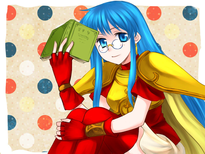 1girl 74 armor bespectacled blue_eyes blue_hair blush book cape earrings eirika_(fire_emblem) fingerless_gloves fire_emblem fire_emblem:_the_sacred_stones glasses gloves jewelry long_hair pauldrons pince-nez shoulder_armor skirt smile solo thighhighs