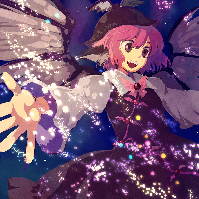 animal_ears dress fangs hands hat mystia_lorelei outstretched_arms pink_hair short_hair solo spread_arms tomobe_kinuko touhou wings