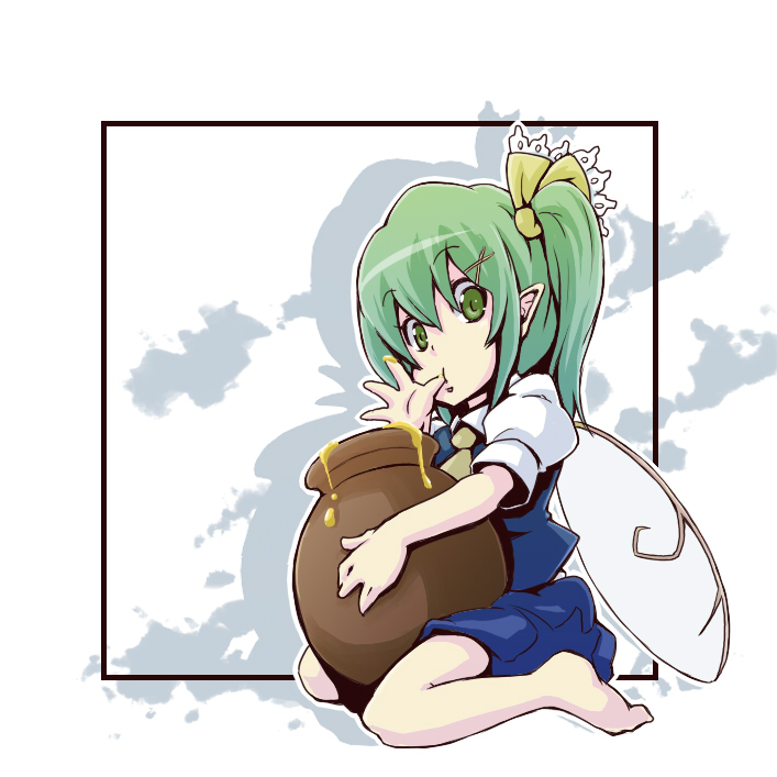 bad_id bad_pixiv_id barefoot chibi daiyousei finger_in_mouth green_eyes green_hair honey honeypot kneeling pointy_ears side_ponytail solo touhou tsuttsu wings