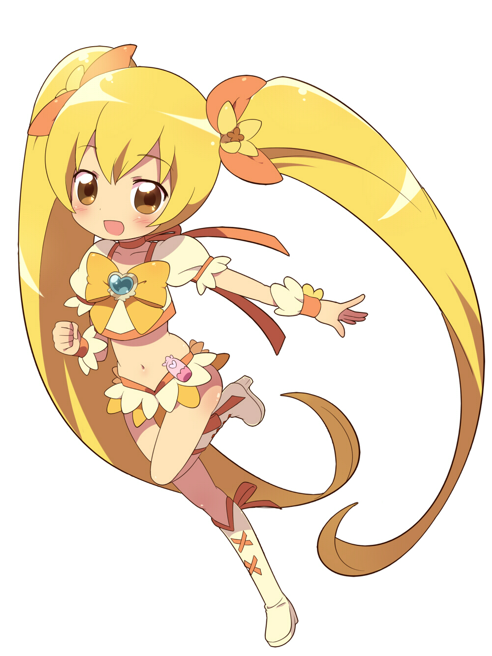 blonde_hair boots bow chibi choker cure_sunshine heartcatch_precure! highres kimoko knee_boots long_hair magical_girl myoudouin_itsuki orange_bow orange_choker precure skirt solo twintails very_long_hair white_background yellow_bow yellow_skirt