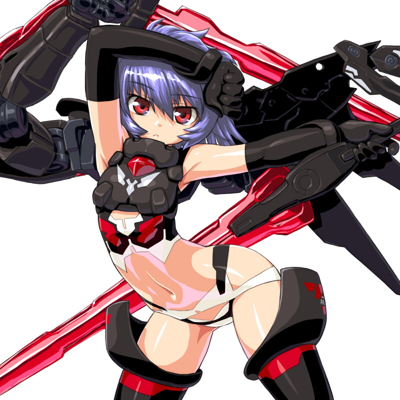 altines arched_back armpits blue_hair busou_shinki dd_(ijigendd) elbow_gloves gloves navel red_eyes simple_background solo sword thighhighs weapon