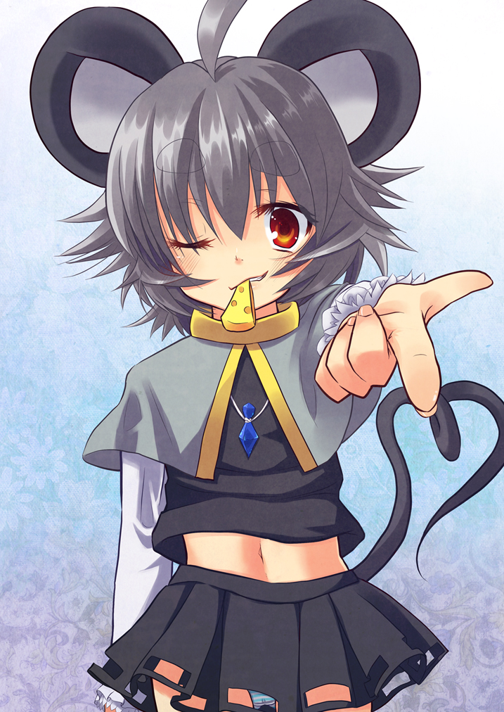animal_ears cheese food grey_hair midriff mouse_ears mouse_tail mouth_hold navel nazrin one_eye_closed panties skirt solo tail touhou underwear usa-pom yellow_eyes