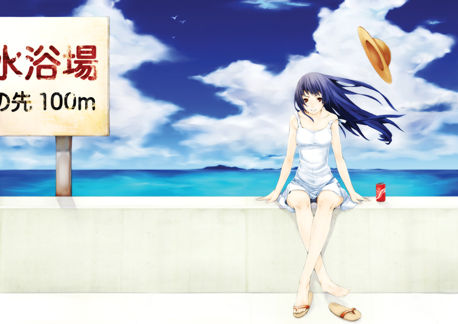 arms_at_sides bad_id bad_pixiv_id bangs barefoot blue_hair brown_eyes can cloud crossed_ankles day dress flip-flops grin hat hat_loss hat_removed headwear_removed horizon kanden legs long_hair looking_at_viewer no_socks ocean on_wall original outdoors sandals shoes short_dress sign single_shoe sitting sky sleeveless sleeveless_dress smile soda_can solo strap_slip sundress water white_dress wind