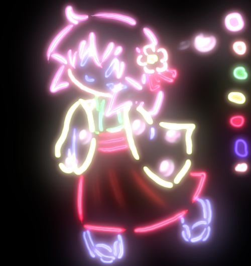 bow flower glowing groove_summoners hair_bow hakama heart hieda_no_akyuu japanese_clothes pink_hair purple_eyes red_hakama sandals short_hair smile solo sparkle touhou