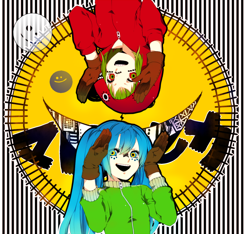 aqua_hair crazy_eyes gloves green_hair gumi hatsune_miku hood hoodie long_hair matryoshka_(vocaloid) momoshiki_tsubaki multicolored multicolored_eyes multiple_girls smile twintails vocaloid