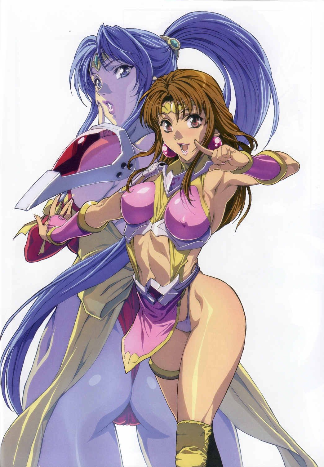:d abs arm_ribbon armor armpits ass back bangs blue_eyes blue_hair bow breasts breasts_apart bridal_gauntlets brown_hair cameltoe choujin_gakuen_gowcaizer circlet covered_nipples crossed_legs earrings finger_to_mouth fingernails foreshortening from_behind g-string gem groin hair_between_eyes hair_ornament high_ponytail highleg highleg_leotard highleg_panties highres hips hishizaki_shaia_(gowcaizer) homare_(fool's_art) jewelry knee_pads large_breasts legs leotard lips lipstick long_fingernails long_hair looking_at_viewer looking_back magical_girl makeup midriff multiple_girls nail_polish navel open_mouth outstretched_arm panties parted_bangs parted_lips pauldrons pink_lipstick pointing ponytail red_eyes red_leotard revealing_clothes ribbon sash scan scan_artifacts see-through sideboob sidelocks simple_background smile son_karin standing thighhighs thighlet thighs thong thong_leotard turtleneck underwear very_long_hair white_background white_panties yellow_bow