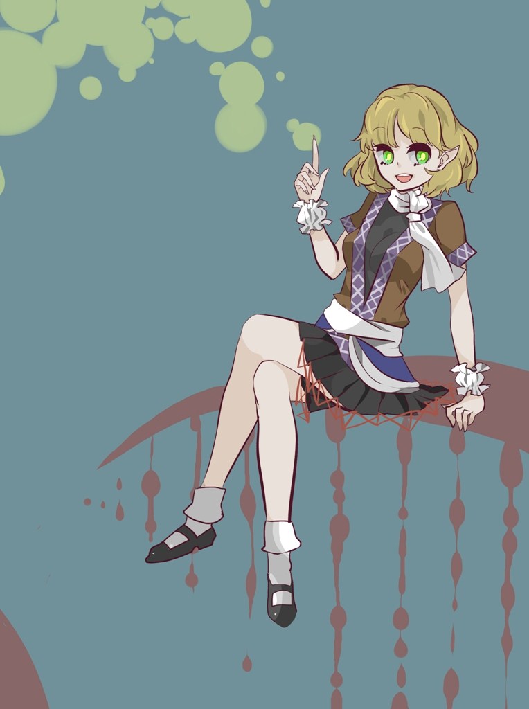 bad_id bad_pixiv_id blonde_hair crossed_legs green_eyes legs mary_janes mizuhashi_parsee open_mouth pointy_ears scarf shoes short_hair sitting solo touhou yuura