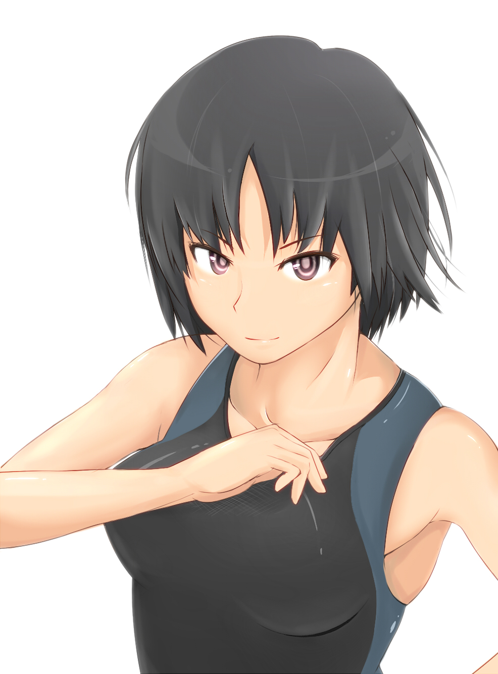 adjusting_clothes adjusting_swimsuit amagami bare_shoulders black_hair breasts brown_eyes competition_swimsuit highres large_breasts mgoh2 nanasaki_ai one-piece_swimsuit short_hair solo swimsuit