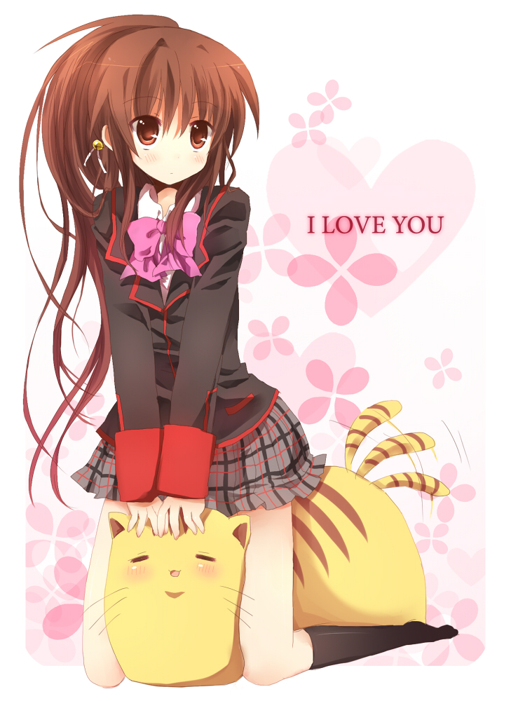 bad_id bad_pixiv_id between_legs bow brown_hair cat cat_between_legs doruji english hinase_haruka little_busters! long_hair natsume_rin pink_bow plaid plaid_skirt ponytail red_eyes school_uniform skirt solo tail tail_wagging