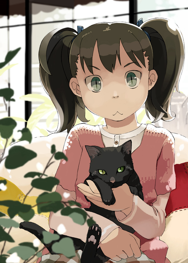 :&lt; :3 animal backlighting black_cat black_hair blurry cat closed_mouth depth_of_field eyebrows green_eyes holding holding_animal indoors leaf long_sleeves looking_at_viewer original paws plant short_over_long_sleeves short_sleeves slit_pupils solo twintails upper_body window yukihiroyuki