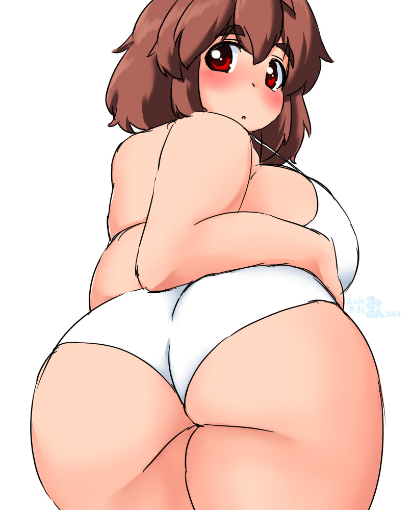 :o ass bad_id bad_pixiv_id banned_artist bikini blush breasts brown_hair eno_konoe eyebrows fat from_behind huge_ass huge_breasts looking_at_viewer mikomu original red_eyes short_hair solo swimsuit thick_eyebrows thick_thighs thighs