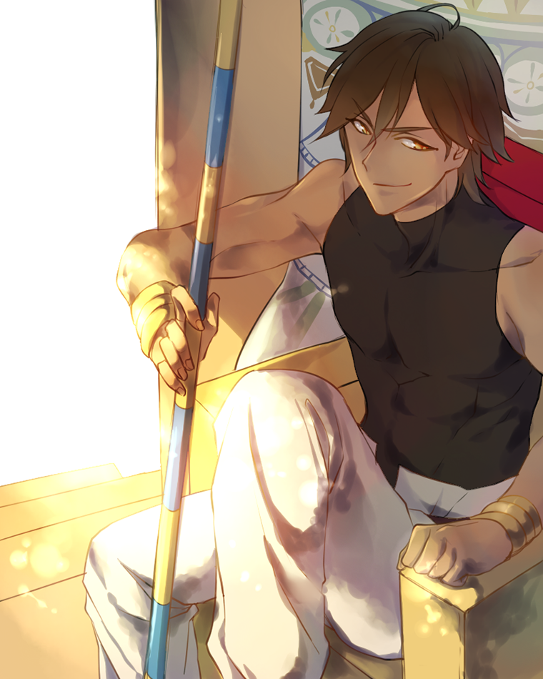 bad_id bad_pixiv_id bracelet brown_hair fate/prototype fate/prototype:_fragments_of_blue_and_silver fate_(series) heru_(goldprin) jewelry male_focus ozymandias_(fate) sitting solo staff