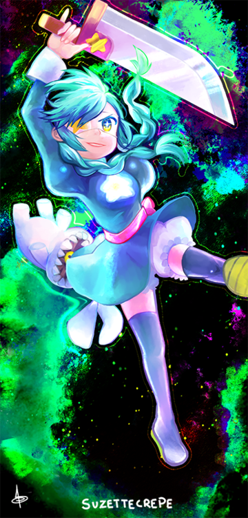 1girl annie_(skullgirls) annie_of_the_stars belt belt_pouch bloomers boots braid breasts character_name dress english eyepatch green_hair highres open_mouth sagan_(skullgirls) skullgirls small_breasts space standing star stuffed_animal stuffed_bunny stuffed_toy suzettecrepe sword thigh_boots thighhighs twin_braids underwear weapon yellow_eyes zettai_ryouiki