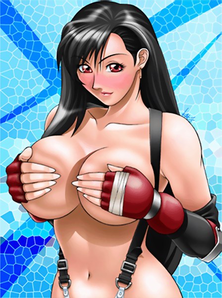 1girl artist_request black_hair blush breasts covering covering_breasts elbow_gloves final_fantasy final_fantasy_vii fingerless_gloves gloves hand_bra large_breasts red_eyes solo suspenders tifa_lockhart topless